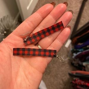 Red and black plaid leather earrings